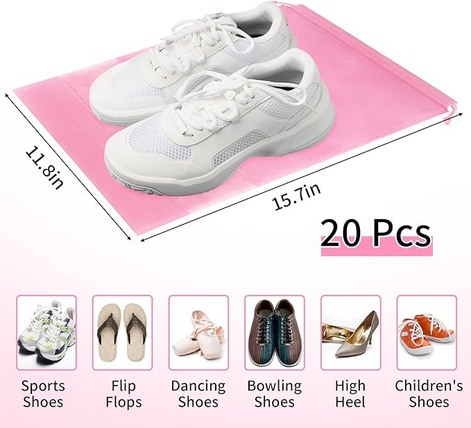 20 Pack Shoe Bags for Travel, Large Travel Shoe Bags for Packing with Clear Window, Dustproof Drawstring Travel Shoe Storage Bags Travel Essentials for Men & Women, Pink
