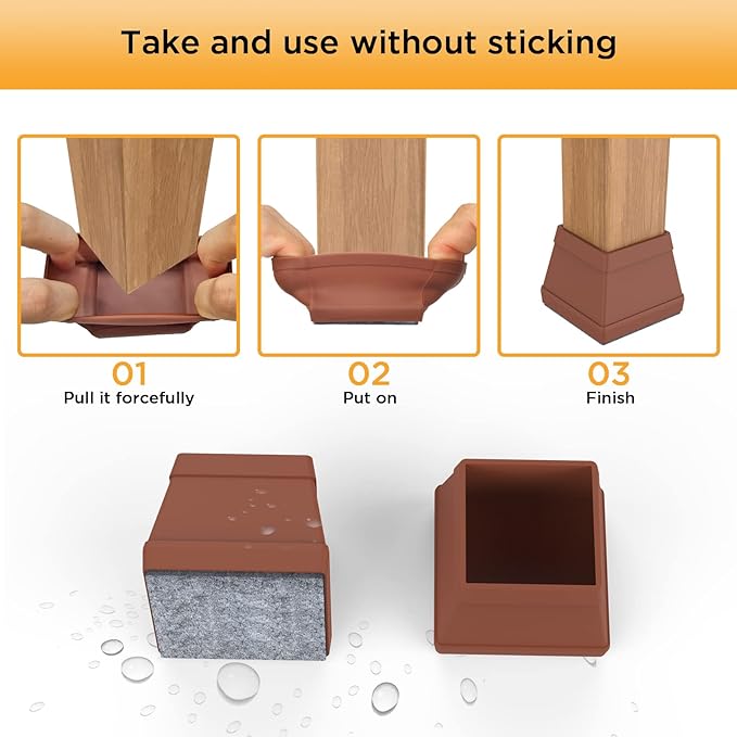 16 PCS Square Chair Leg Floor Protector, Silicone Chair Leg Cover, Furniture Leg Protectors with Felt, Mobile Table Leg pad, Protect The Floor from Scratches.1 in Brown.
