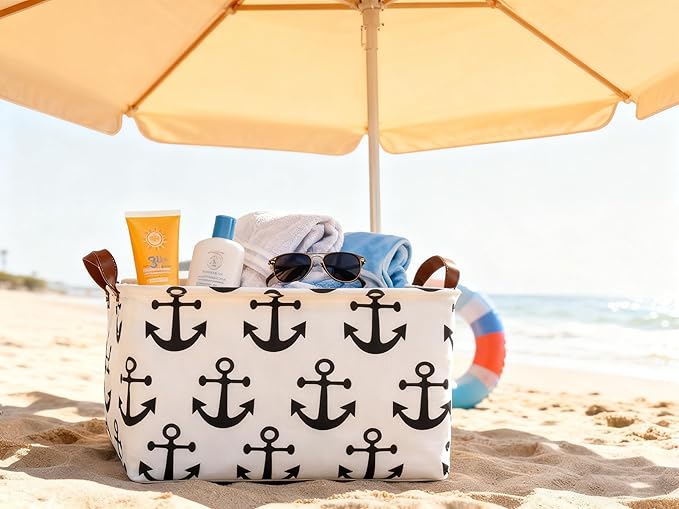 Laundry Basket Canvas Collapsible Storage Basket with Handles Children's Storage Basket for Home, Books (Anchor)