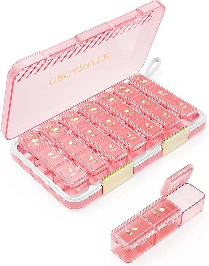 Pill Organizer 3X a Day, Large Weekly Pill Box 7 Day 3 Times a Day, Portable Travel Daily Pill Case Container for Medicine, Vitamin, Fish Oil and Supplement Storage Cute Pink