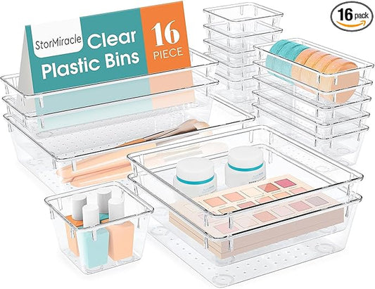 16 PCS Drawer Organizer Set, 5 Varied Size Bathroom and kitchen Drawer cabinet organizer Trays, Clear Storage Bins for Makeup, Jewelry, Utensils and Gadgets