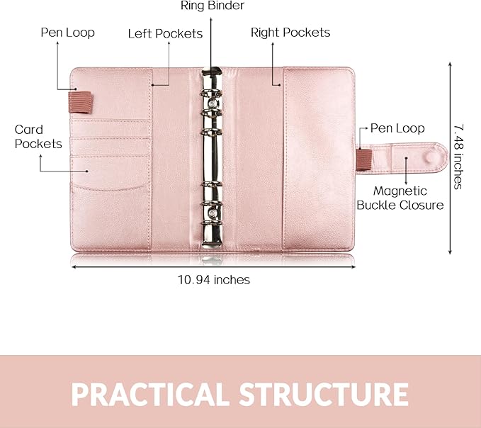 Sooez A6 Notebook Binder, 6 Ring Planner PU Leather Personal Organizer With Magnetic Buckle Closure, Loose Leaf Portfolio Cover, 7.48"x5.2"