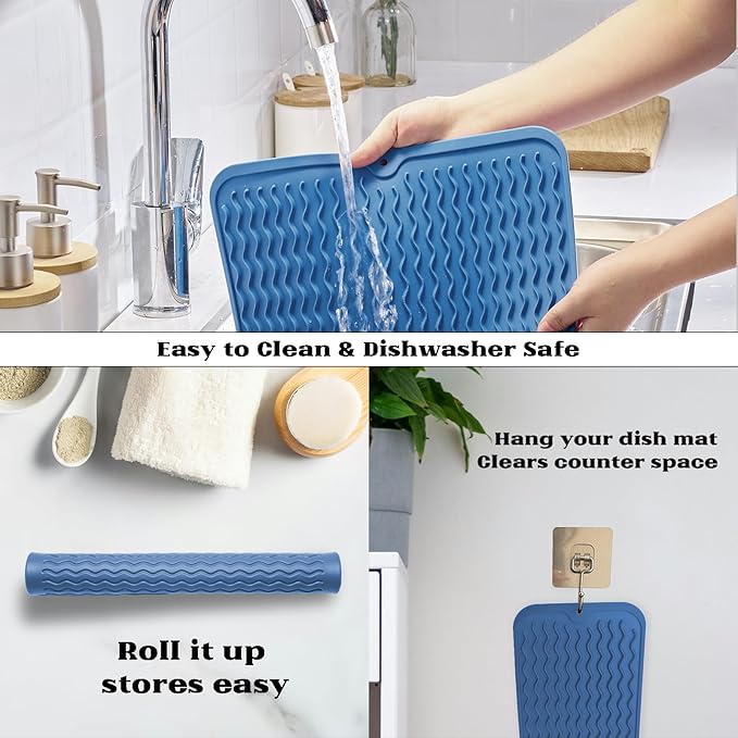 ZLR Silicone Dish Drying Mat for Kitchen Counter, Eco-Friendly Fast Dry Dish Mat, Easy Clean Multi Usage Drying Matt, Heat Resistant Trivet, 12" x 16" Large, Lichen Blue