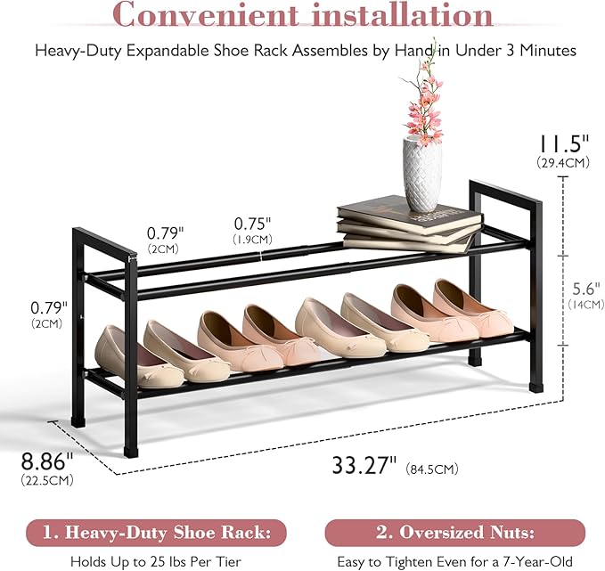 Bumusty 2 Tier Expandable Shoe Rack for Closet, 18"-33" Adjustable Shoe Rack for Small Space, Small Shoe Organizer for Front Door, Sturdy Metal, Black