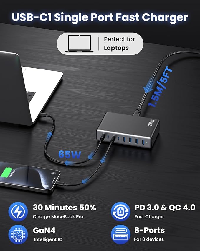 200W USB C Charger Block, GaN IV Charging Station 8 Ports, QC4.0 Fast Charging Station Hub + PD 65W USB C Laptop Charger Adapter Compatible with MacBook Air/Pro, DELL, iPhone 17/16/15, iPad, Steam Deck - Black