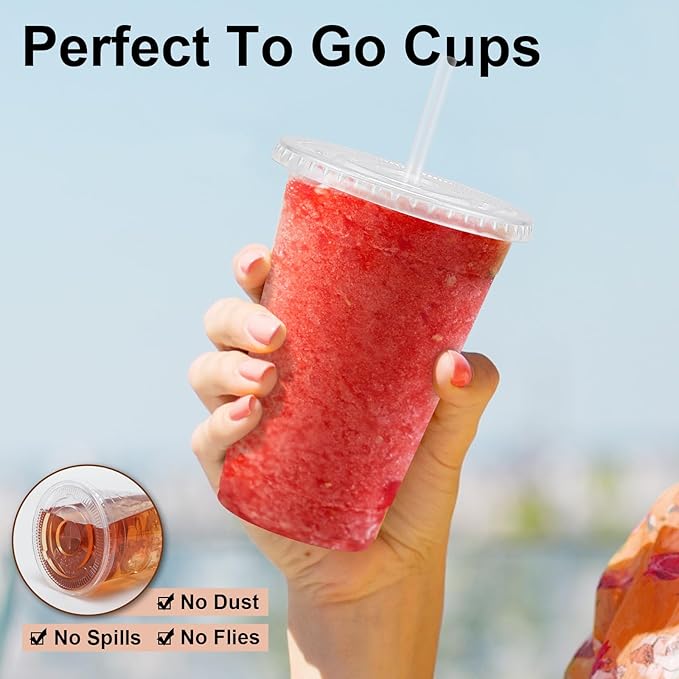 Lamosi 16 OZ Clear Plastic Cups with Lids and Straws 50 Pack, Disposable Iced Coffee Cups with Lids for To-Go Cold Drinks, Smoothies and Slushie