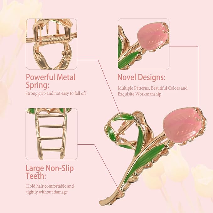 3-Piece Flower Metal Hair Accessories: Pink Tulip Floral Hair Claw, Elegant Lily Barrettes, Cute Leaves Hair Clips for Thin/Medium Thick Hair with Strong Hold and Non-Slip Design