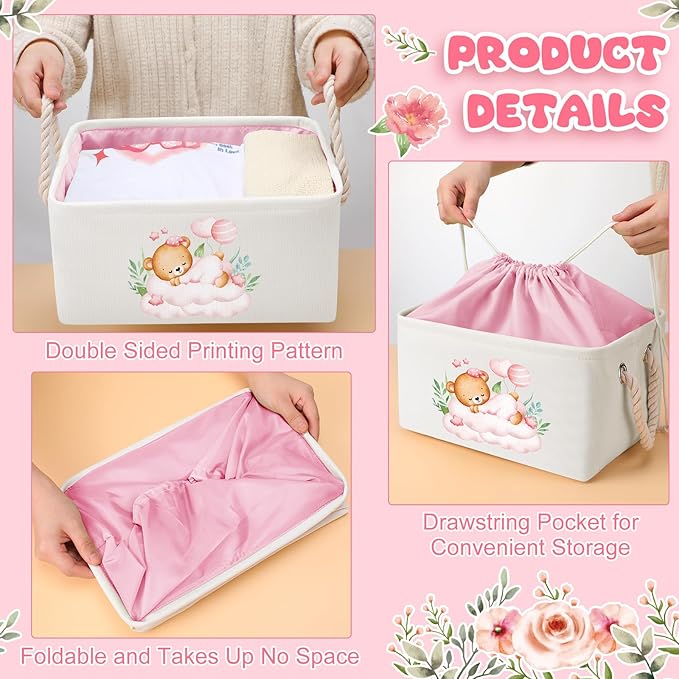 Pickmesh Baby Shower Storage Basket with Gift Bags Rectangular Ribbons Collapsible Canvas Storage Bin with Handles for Diaper Organizing Toy Home DIY Gift Basket, 13 x 9. 1 x 7. 1 Inch(Pink Bear)