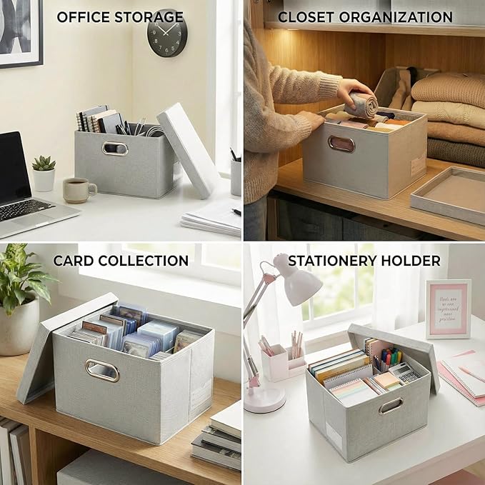 PRANDOM Storage Bins with Lids [3-Pack] Linen Fabric Foldable Storage Boxes Organizer Containers Baskets Cube with Cover for Bedroom Closet Office Beige (11.4"x8.6"x6.7")