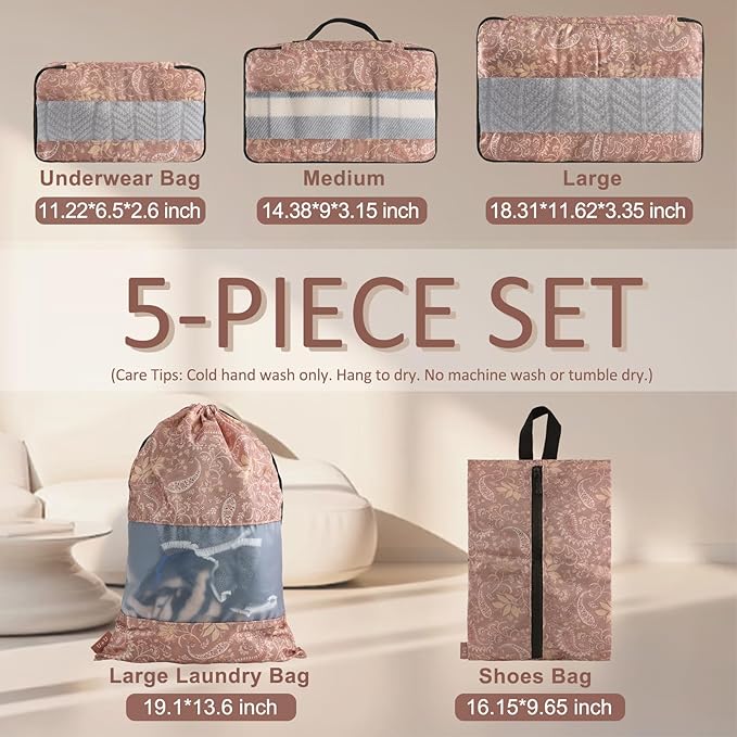 U+U 5 Set Packing Cubes for Travel Essentials Ultralight Luggage Packing Organizers with Laundry Bag and Shoe Bag for Vacation, Business Trip and Camping (Paisley Pattern)