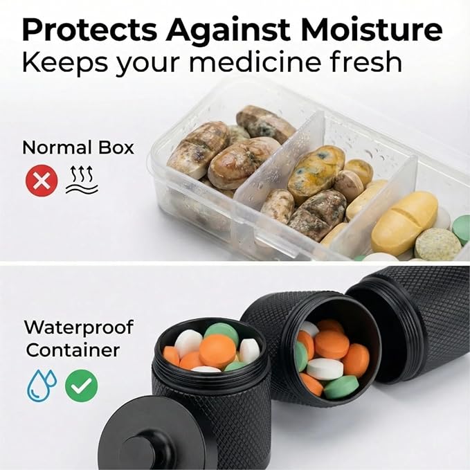 Waterproof Keychain Pill Holder - Compact, Portable, and Secure Pill Box with 3 Compartments - Pocket-Sized Pill Case and Container for Daily Medication on The Go, Black