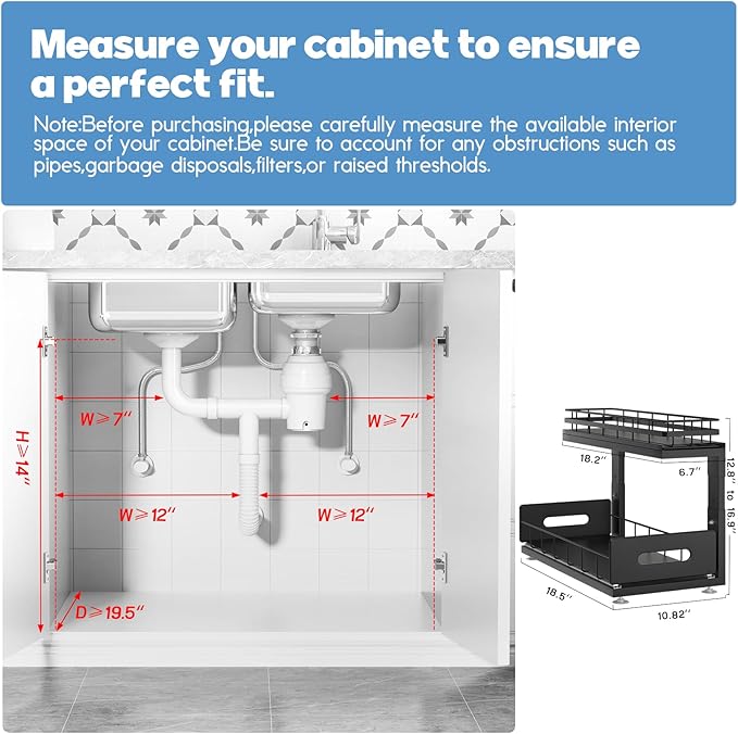 1 Pack 18 IN Depth Under Sink Organizer with Smooth Ball Bearing Slides, 2-Tier Pull Out Cabinet Storage, Slide Out Drawers for Bathroom&Kitchen, Rust-resistant Coating, Height Adjustable - Black