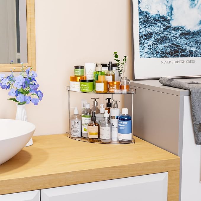 Yieach Clear Corner Bathroom Counter Organizer,2Tier Tiered Countertop Corner Shelf for Perfume,Beauty Products,Makeup Organizer,Skincare Organizers,Vanity Storage Tray for Bedroom,Bathroom Sink Shelf