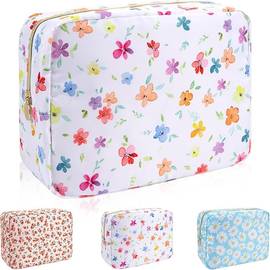 Waterproof Nylon Large Makeup Bag Travel Pouch, Floral Preppy Big Cosmetic Bag Make Up Organizer Toiletry Bag with Zipper, Large Capacity Cute Zipper Pouch Storage Bag for Women Girls(Fringed Iris)