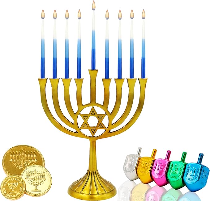 The Dreidel Company Premium 1-Hour Burn Time Tapered Hanukkah Menorah Candles Tri Color,Blue, and White, Candles for All 8 Nights of Chanukah