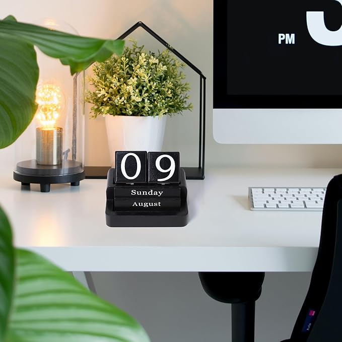Wooden Block Calendar for Desk, Daily Desktop Perpetual Desk Calendar, Modern Farmhouse Aesthetic Desk Accessories for Home Office Decor, Teacher, Classroom, Reusable Yearly, Black