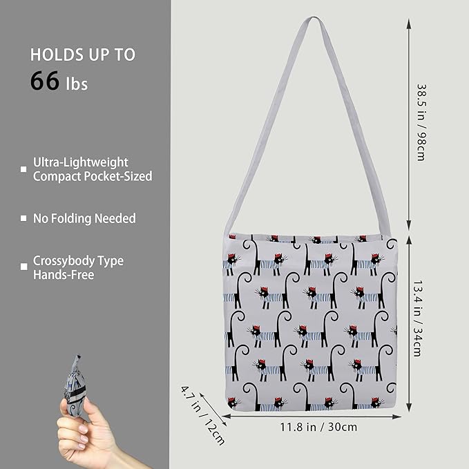 BeeGreen Black and Grey Cat Ultimate Crossbody Tote Bag - Reusable Grocery Shopping Bag - Foldable Compact Portable Sturdy Bags