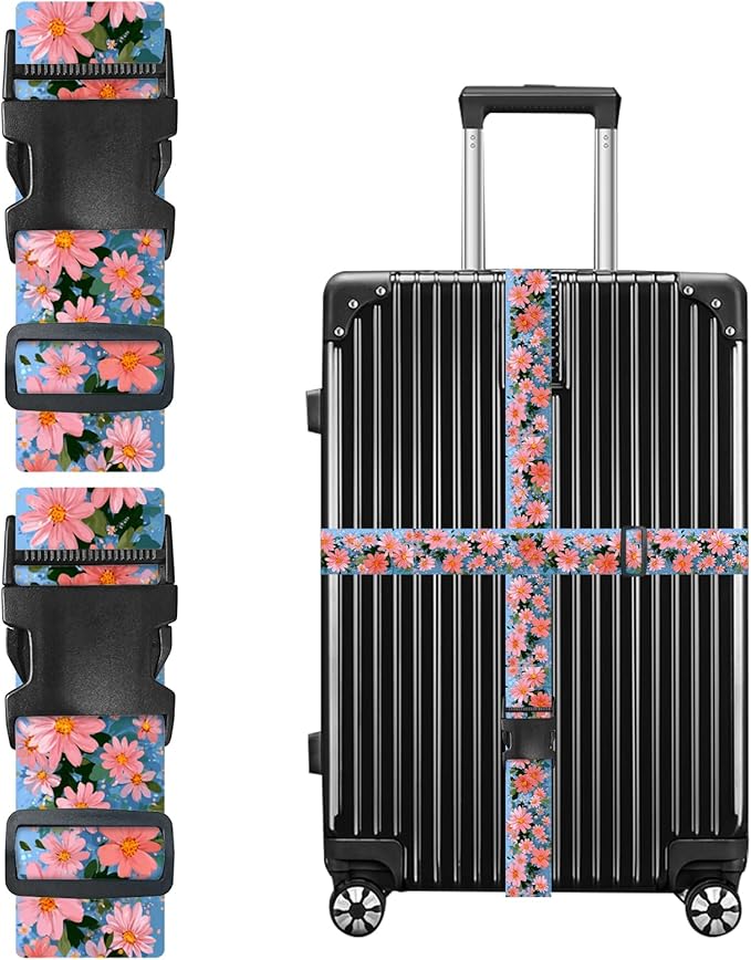 Nuxovilar Luggage Straps of 2 Set Pink Flowers Pattern, 1.96x90.5 inches - Luggage Straps for Suitcases, Fit for Summer Travel, Beach Trips, Daily Use
