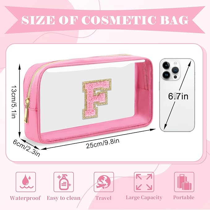 Personalized Initial Letter Clear Makeup Bag, Preppy Small Nylon & PVC Cosmetic Zipper Bag with Chenille Letter, Portable Beach Travel Skincare Toiletry Bag, Trendy Monogram Gift for Teen Girls Women, F