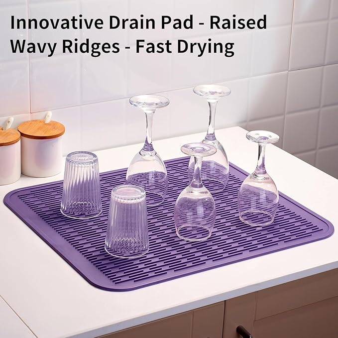 ZLR Silicone Dish Drying Mat for Kitchen Counter, Eco-Friendly Fast Dry Dish Mat, Easy Clean Multi Usage Drying Matt, Heat Resistant Trivet, 16" x 18" XL, Meadow Violet