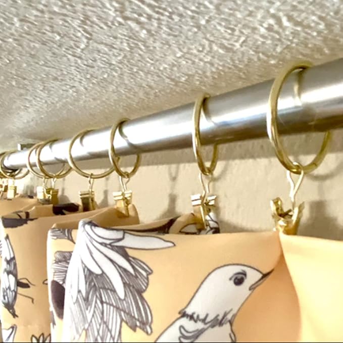 WeeksEight 40 Pack Gold Curtain Rings with Clips, Curtain Hooks Hangers Clip Rings for Hanging Drapes Bows Hat, Drapery Rings 1.5 in I D, Fits up to 1.2 in Diameter Curtain Rod.