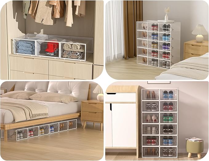 Kuject XX-Large Shoe Storage Boxes Organizers Clear Plastic Stackable 12 Pack, Shoe Rack & Holder Substitute, Sneaker Containers, Shoe Storage Organizer Bins for Closet, Under Bed, Grey (No Fold Line)