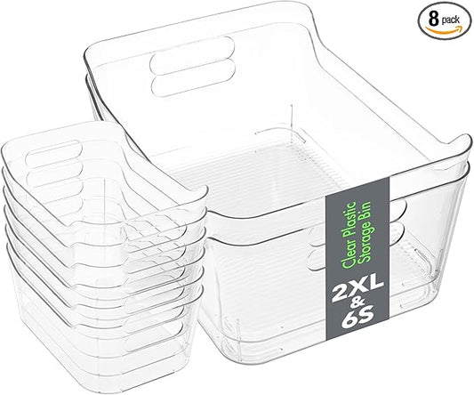 Tiawudi Set of 8 Clear Plastic Storage Bins, 2 Extra Large and 6 Small Storage Containers for Pantry Organization, Multi-Use Organizer Bins for Home, Kitchen, Cabinet, Bathroom, Fridge & Freezer