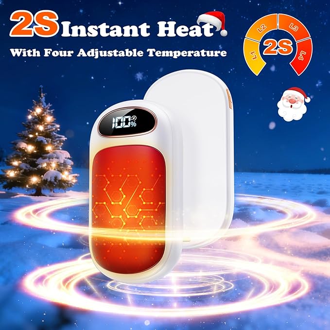 Rechargeable Hand Warmer 2 Pack, LED Display & 4 Levels, Ultrathin Electric Hand Warmers Portable USB Pocket Heater Fits Gloves for Hunting Essentials, Camping, Raynauds, Gifts for Christmas