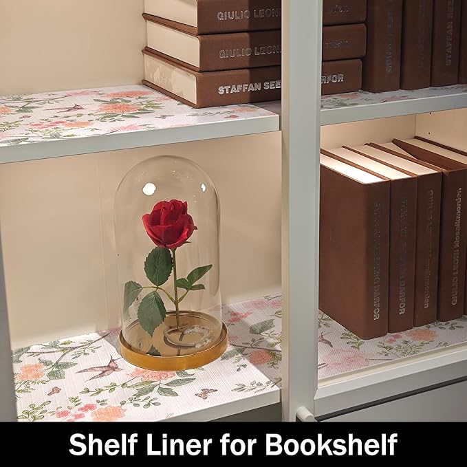 Bird Floral Shelf Liners Non Adhesive and Strong Non-Slip 12IN x 20FT Shelf and Drawer Liners for Kitchen Cabinet Wire Fridge, Waterproof Shelf Drawer Liner,Easy to Clean