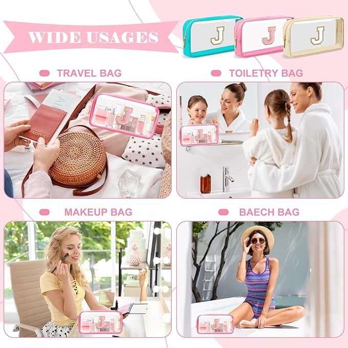Personalized Initial Letter Clear Makeup Bag, Preppy Small Nylon & PVC Cosmetic Zipper Bag with Chenille Letter, Portable Beach Travel Skincare Toiletry Bag, Trendy Monogram Gift for Teen Girls Women, J