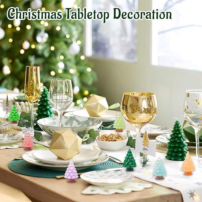 24 Pcs Mini Glitter Christmas Tree Figurines Glow in The Dark Xmas Luminous Resin Tree Miniature for Holiday DIY Crafts Garden Micro Landscape Party Home Tabletop Decoration