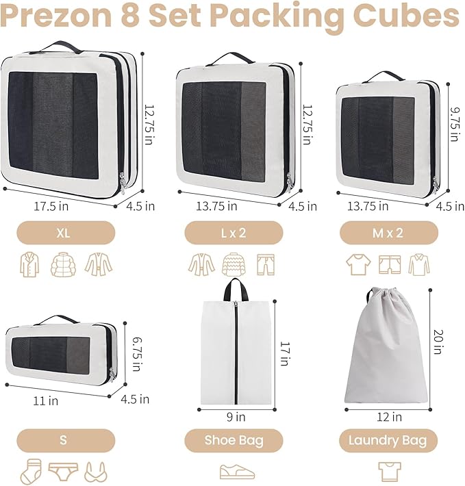 8 Set/6 Set/4 Set Compression Packing Cubes for Travel, Lightweight Vacation Travel Essentials, Travel Accessories for Suitcase Organizer Bags Set, Durable Luggage Organizer