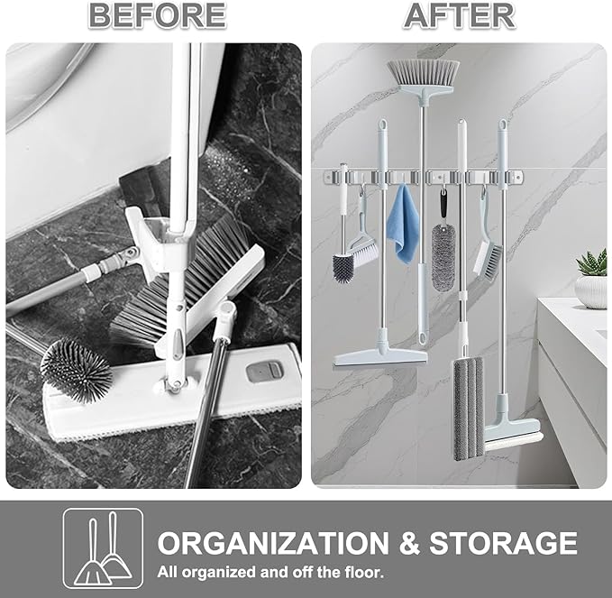 HANZENMA Broom Holder Wall Mount, Broom Organizer Wall Mount Stainless Steel Broom and Mop Hanger Heavy Duty Storage Organization for Home Kitchen Garden Garage Room 5 Racks 4 Hooks