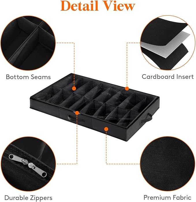 Lifewit Under Bed Shoe Storage Organizer 4 Pack (16 Pairs), 4.3" Tall Fabric Shoes Container Box, Foldable Closet Shoe Bag with 2 Reinforced Handles and Clear Cover, Black