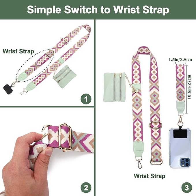XANGNIER Clip and Go Strap for Phone with Wallet Crossbody, Phone Strap with Zippered Wallet, Adjustable Anti-Theft Cellphone Lanyard for Women, Cellphone Chain Accessories Green