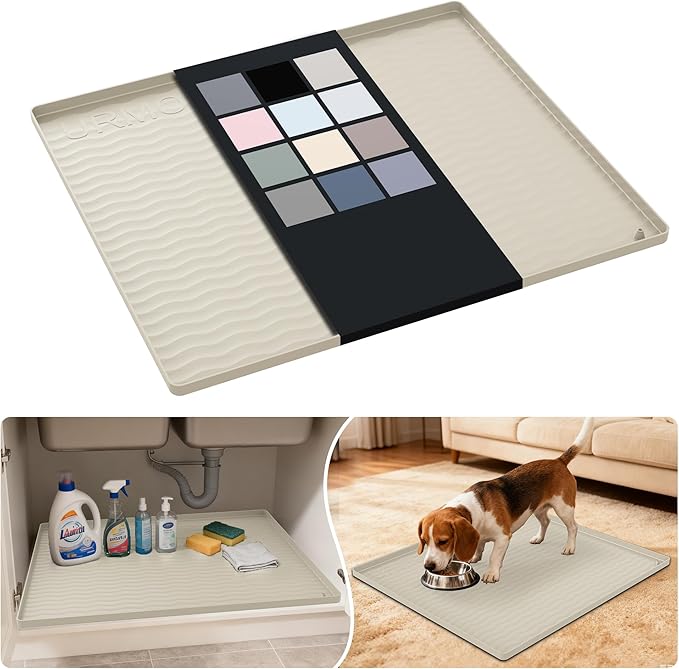 URMONA Waterproof Silicone Under Sink Mat 25'' x 22'' Shelf Liner for Kitchen and Bathroom, Cabinet and Counter Protector, Storage and Organizers, Litter Mat, Pet Cat Puppy Essentials(Cream)