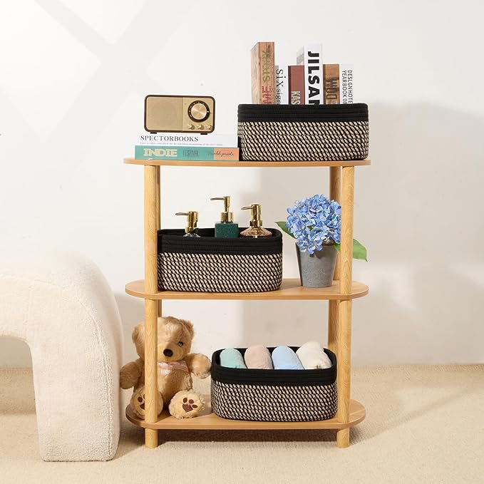 MiniArk Small Storage Baskets for Organizing | Closet Organizer Bins | Shelf Toy Basket | Woven Rope Baskets | Cube Decorative Box | Shallow Basket | 13x8.5x5.1” | 3 Packs Black Brown
