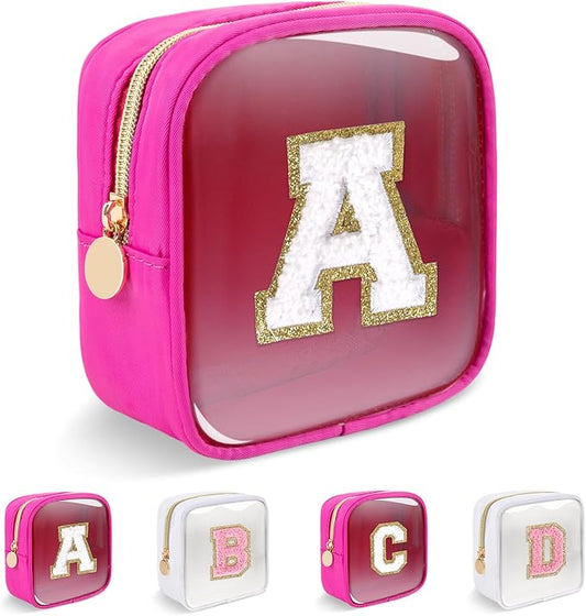 Personalized Initial Letter Clear Preppy Makeup Bag,Mini Nylon Chenille Letter Cosmetic Bag Cute Zipper Pouch Coin Purse for Teen Girls,Portable TSA Approved Travel Essentials Bag Gift for Women,A