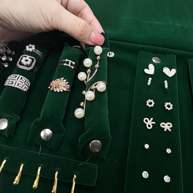 UnionPlus Velvet Travel Jewelry Case Roll Bag for Necklaces Brackets, Great Jewelry Organizer for Travel, Multi Jewelry Organizer, Blackish Green