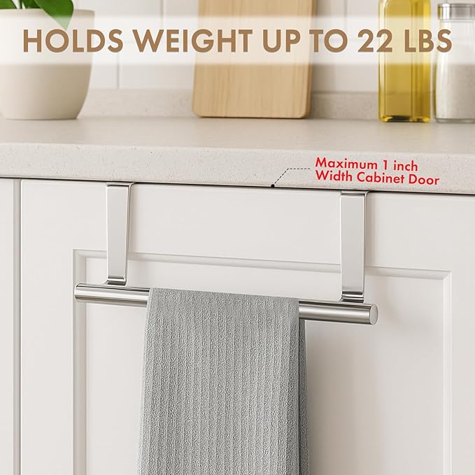 Over Cabinet Towel Bar with Hooks, 14 Inch Brushed Stainless Steel Over The Door Towels Rack for Home Bathroom Kitchen, Hang on Inside and Outside Cabinets or Doors, Holds Hand Dish Towels Washcloths