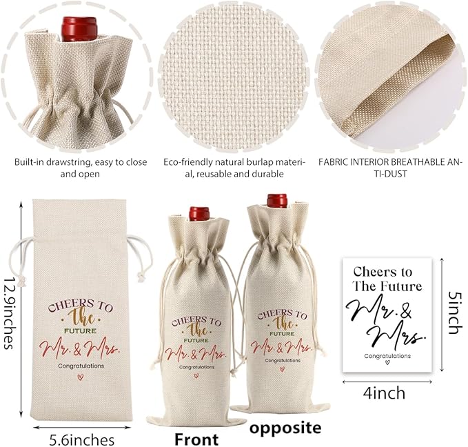 Wedding Shower Bride Shower Engagement Gifts for Couples Bridal Wedding Party Favors Mr And Mrs Wine Bottle Bags with Wines Label Cheers To The Future Wines Bags