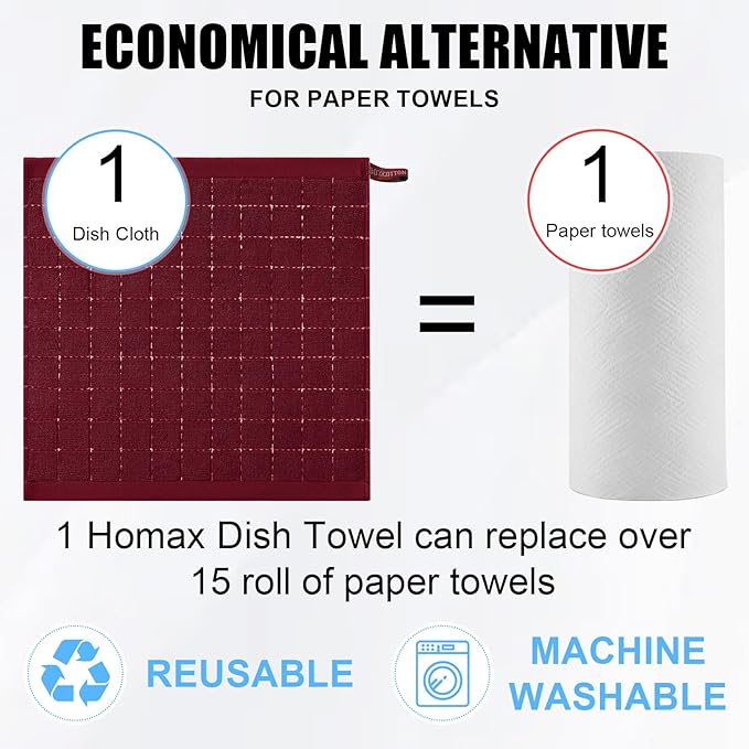 Homaxy 100% Cotton Terry Kitchen Dish Cloths, Ultra Soft and Absorbent Dish Towels for Kitchen, Suitable for Drying and Washing Dishes, 6 Pack, 12 x 12 Inches, Burgundy Red