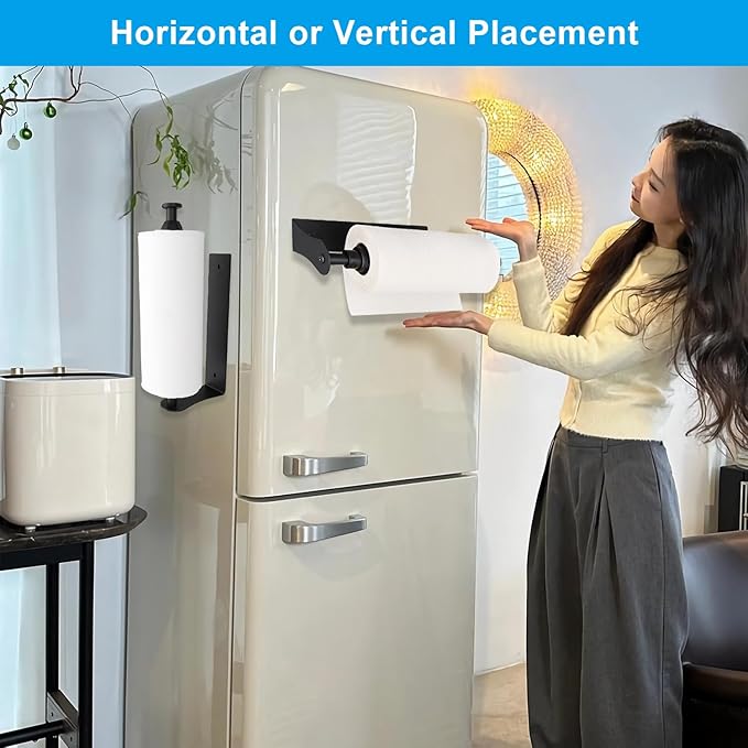 MONEER Magnetic Paper Towel Holder for Frige, One-Hand Operable Paper Towel Holder, Self-Adhesive, No Drill Magnet Paper Towel Holder for Kitchen, Refrigerator, RV, Garage (Black)