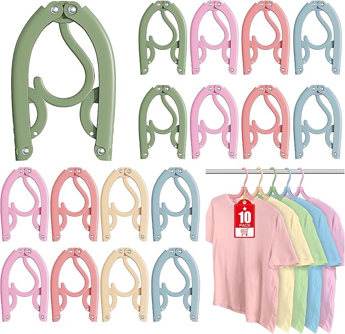 10 Pcs Travel Hangers Portable Foldable Travel Hanger Organizer, Plastic Cruise Ship Accessories Essentials Clothes Hanging Rack Folding Hangers for Traveling Camping Flying RV Europe Suitcase, Multi