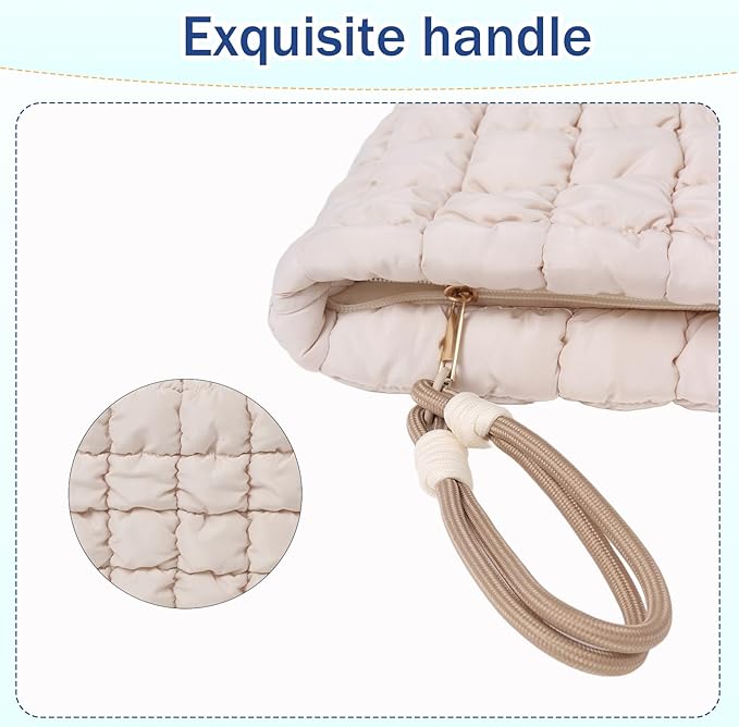 Puffy Quilted Makeup Bag Cosmetic Bag Equipped with a Detachable Handle Cute Zipper Pouch for Storage Clutch for Women(khaki)