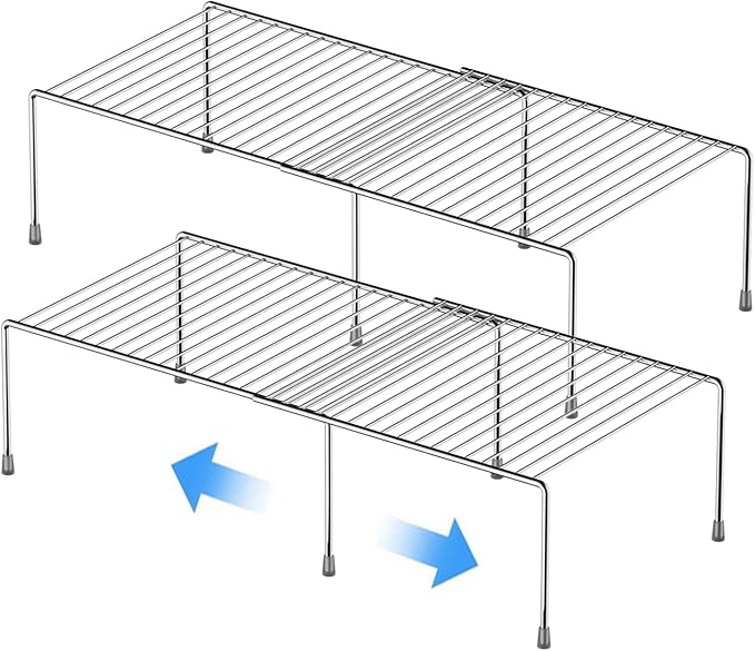 Kitchen Cabinet Expandable Shelf Organizers Set of 2, Adjustable Metal Wire Pantry Storage Shelves, Plate Dish Organizer Rack for Cabinets, Cupboard, Counter, Freezer, Countertop, Chrome