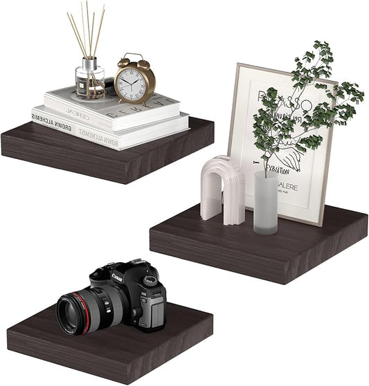 Small Floating Shelves for Wall - 9 Inch Square Rustic Brown Shelves for Bedroom, Living Room, Bathroom, Kitchen, Office Decor Set of 3