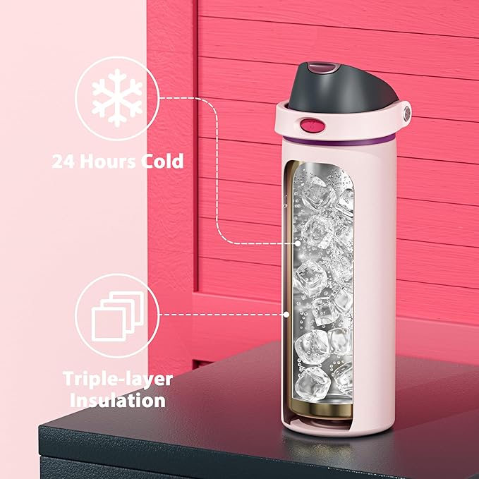 24 oz Insulated Water Bottle for Sports: Meoky Stainless Steel Water Bottle with Straw and Spout Lid - Leak Proof, Cold for 24 Hours, Fits in Car Cup Holder, BPA-Free for Women Travel, Dreamy Field