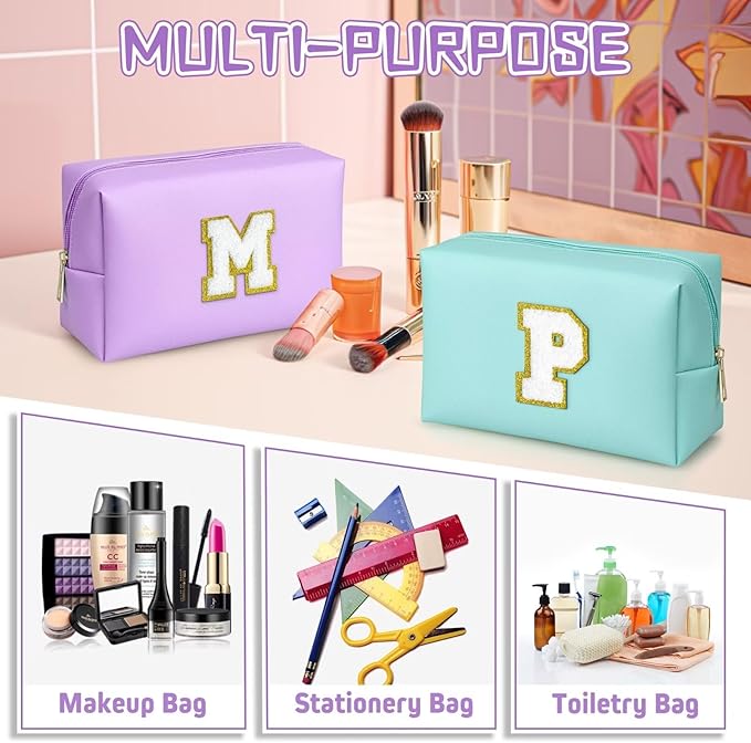TOPEAST Monogrammed Gifts for Women, Preppy Makeup Bag Small Cosmetic Bag Travel Toiletry Bag, Personalized Birthday Gift for Girl, Wedding Bridal Shower Gifts for Bridesmaids (Purple M)