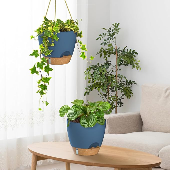ZMTECH Hanging Planter 8 Inch, 2 Pack Hanging Baskets for Plants Indoor, Hanging Flower Pots with Drainage Hole, Visual Reservoir & Plant Hangers for Outdoor Garden Home Decor